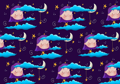 Sweet Dreams Among the Stars Pattern Design blue cartoon cloud digital art digital painting girl graphic design illustration moon night pattern design procreate sky sleeping star sweet dreams