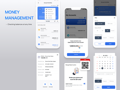 Account Bank Overview account activities banking app ui hidden balance feature mobile banking ui money management shake and scan qr ui design uiux uxui best practice in banking