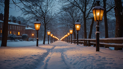 Snow Falling Gently on a Lantern-lit Path sunset