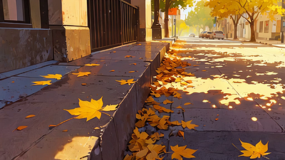 Sunlit Street Corner with Blowing Leaves orange