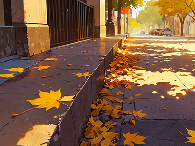 Sunlit Street Corner with Blowing Leaves orange