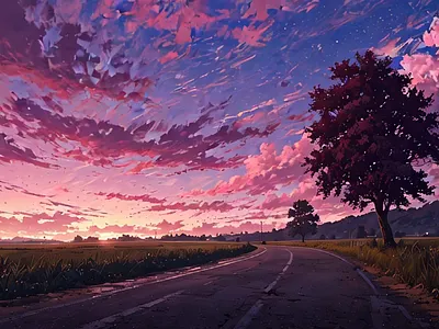 Lonely Road in the Countryside at Dusk tree