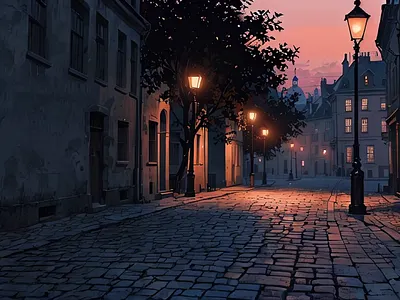Cobblestone Street with Lamp Posts at Dusk scene