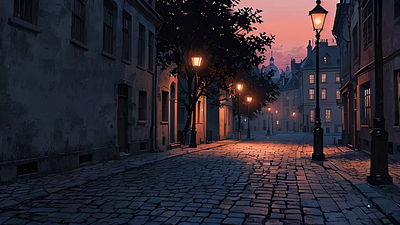 Cobblestone Street with Lamp Posts at Dusk scene