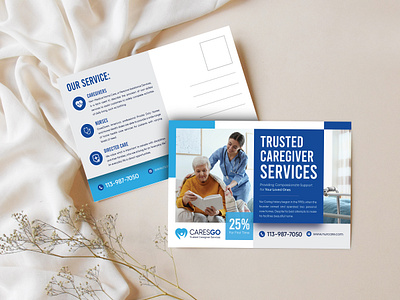 Caregiver Postcard Design caregiver postcard design compassionate design custom postcard design customizable postcard editable postcard healthcare branding home care marketing print ready postcard professional postcard senior living postcard