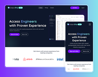 InternPro.ai - Website Redesign branding desktop glassmorphism interns internship landing logo marketing mobile modern page platform responsive rolling banners saas sleek startups tabs ui ux