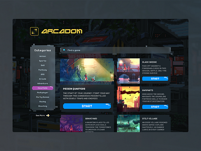 Arcadom. Page for the arcade platform. 16bit 8bit arcade arcade design branding bumazhnov dark theme darkscreen dead cell dead cells figma design graphic design hype4academy logo pixel design squareplanet ui uiux design ux