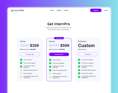 InternPro.ai - Pricing Page Redesign branding cards checkmark design desktop discount features floating header glassmorphism header interns internship landing list logo marketing pricing saas startups ui