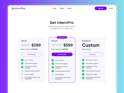 InternPro.ai - Pricing Page Redesign branding cards checkmark design desktop discount features floating header glassmorphism header interns internship landing list logo marketing pricing saas startups ui