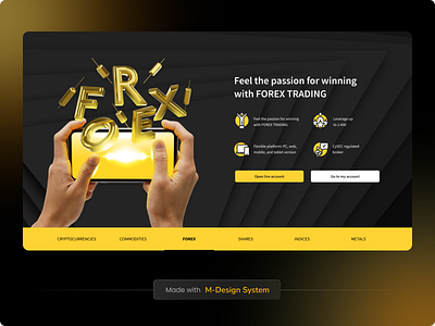 Black Landing Page | M-Design System 3d black website crypto dark mode finance fintech forex graphic design hero section icons landing landing page shares stock market tabs trading ui web web3 website