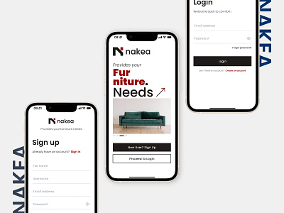 Nakea - Furniture E-commerce Platform Exploration android app branding clean creative design figma furniture homepage ios iphone login minimalist mobile mobile app responsive sign up swiss design ui ux