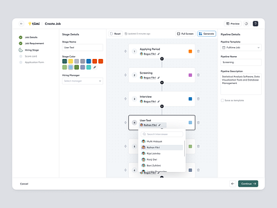 Tiimi - Job Creation Flow: Hiring Stages in a SaaS HR Management candidate company contract management employee hiring hr hrd hrm hrs job pipeline product design recruitment saas team management ui uiux ux web app web design