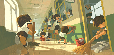 Cleaning childhood class classmate corridor illustration school