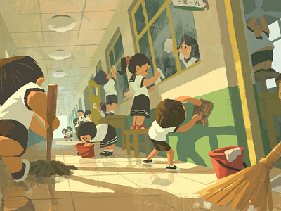 Cleaning childhood class classmate corridor illustration school