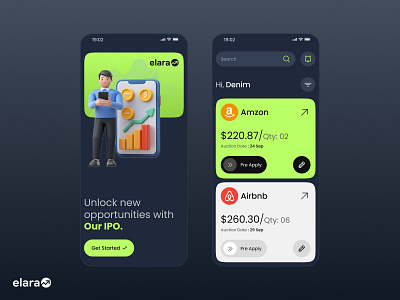 Investment - IPO Insight - Fintech 🚀 Dark mode auction capital dashboard filter finance fintch fintech illustration invest investment notification pre apply pre ipo ui ux