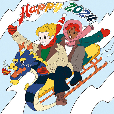 Happy 2024 Illustration artwork calendar character dragon drawing graphic design illustration korean skate sledding winter