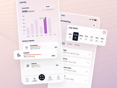 TRACKER - Tracking Nutrision Mobile App - Activity and Scheduli activity application food gradient graphic mobile nutrision pink purple scheduling tracker ui vitamin