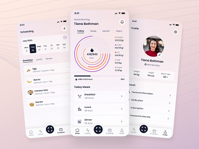 TRACKER - Tracking Nutrision App - Home, Scheduling and Profile app food gradient home meal mobile nutrision profile schedule track tracker ui