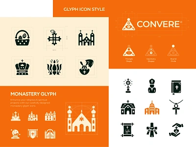 Monastery Glyph Icons bible branding christian christian design church church brand church logo cross logo easter glyphs holy icons illustrator jesus monastery prayer religion solid vector worship