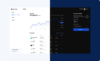 Blocktrade app assets call to action crypto dark theme dashboard design fintech light theme ui ux widget