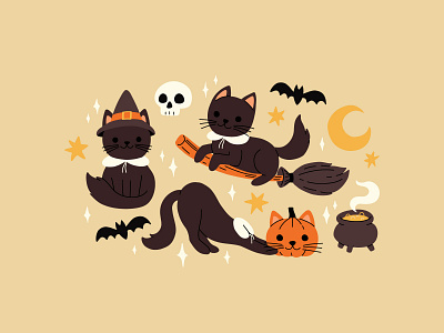 Halloween cats set cartoon cat character concept design flat halloween illustration kids pumpkin vector witch