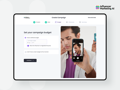 Influencer Marketing AI - Budget add budget campaign create design form journey minimal money photo progress question radiobutton step step by step toggle ui ux web app webapp