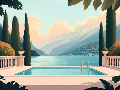 Lake view art clouds como garden golden season illustration illustrator italy lake landscape montenegro mountains old money pool procreate sky sunset vacation view villa