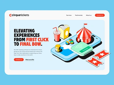 Cirquetickets Landing Page Animation 3d animation branding circus ecommerce entertainment hero illustration isometric landing page lottie motion graphics playful red saas tech theater ticket ticketing web