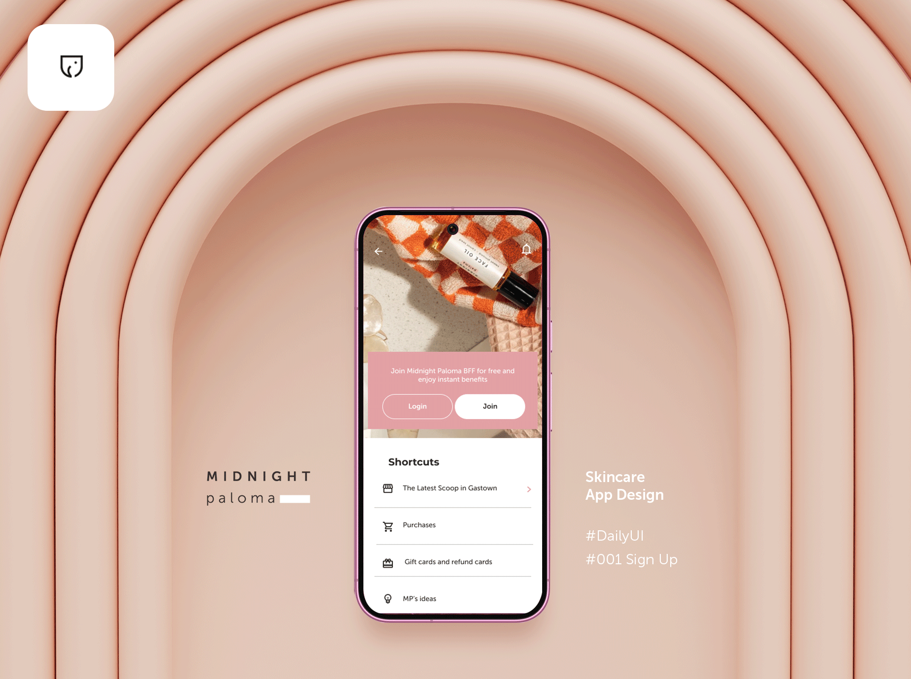 Sign up - Daily UI 001 beauty app dailyui log in midnight paloma app selfcare app sign up skincare app ui wellness app