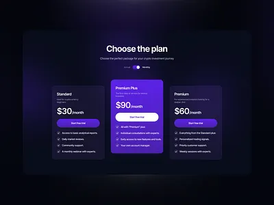 Tariff plan | Tariff plan selection page for crypto investors app branding crypto cryptocurrency cryptotrading development fun illustration motion graphics no code no code development nocode plan tariff ui ui design uidesign web design web developmen