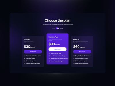 Tariff plan | Tariff plan selection page for crypto investors app branding crypto cryptocurrency cryptotrading development fun illustration motion graphics no code no code development nocode plan tariff ui ui design uidesign web design web developmen