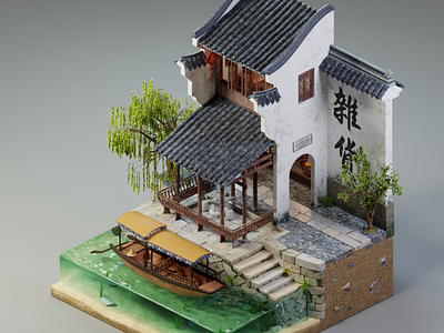 Water town 3d 3d art ancientchina architecture blender china chinese diorama environment historical illustration isometric modeling peaceful render riverside traditional travel watertown watervillage