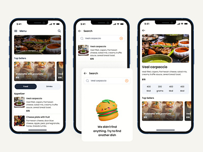 Food Search Flow in Restaurant App 🍝 appdesign cleandesign digitalproduct dishdiscovery foodapp fooddelivery minimaldesign mobileapp mobileui productdesign restaurantapp searchbar searchflow uielements userexperience uxui