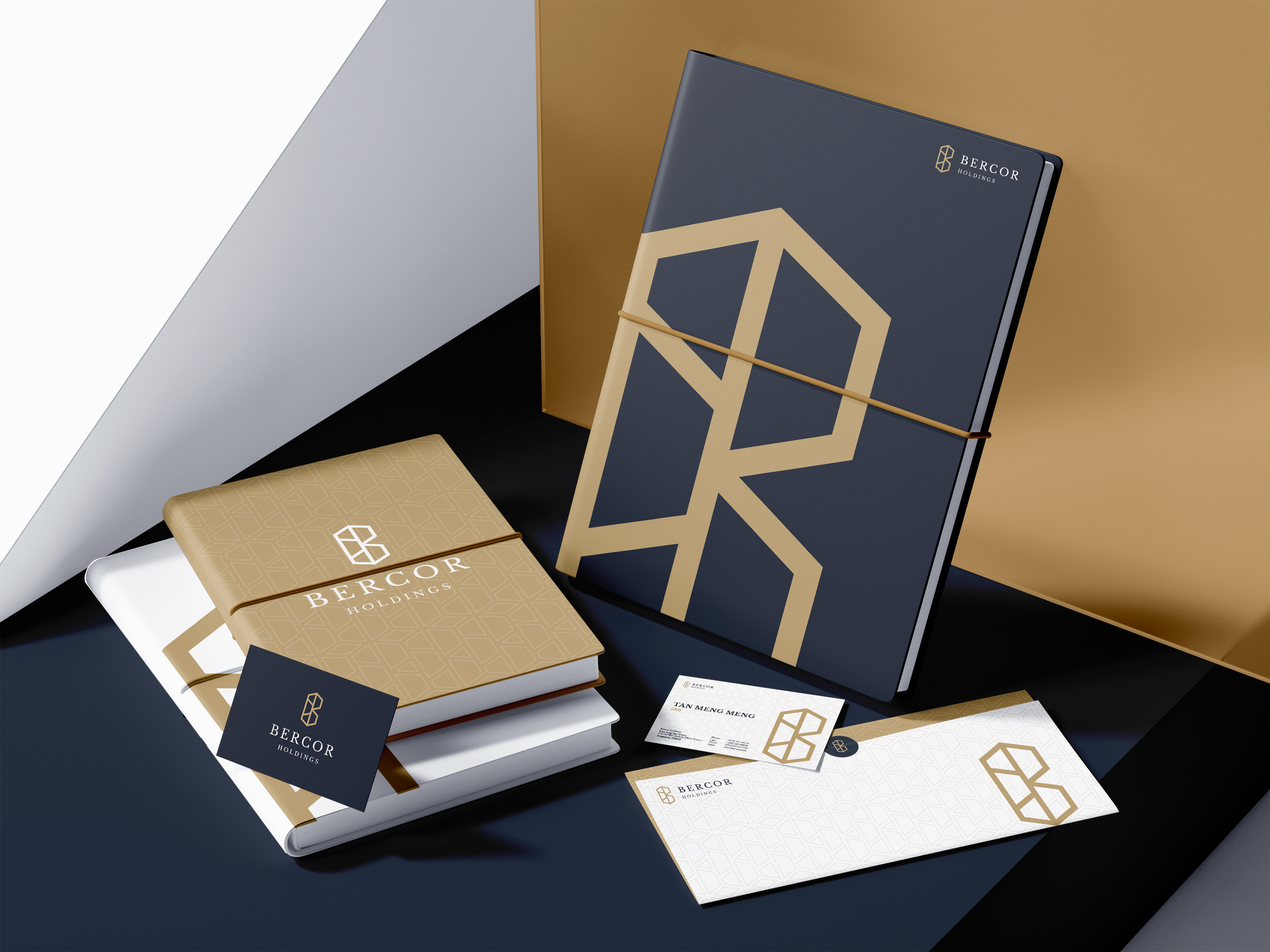 Bercor Holdings Stationery Mockup brand brand identity branding business card corporate folder gold investment letterhead luxury luxury brand luxury branding metal minimalism notebook palladium platinum rhodium silver stationery