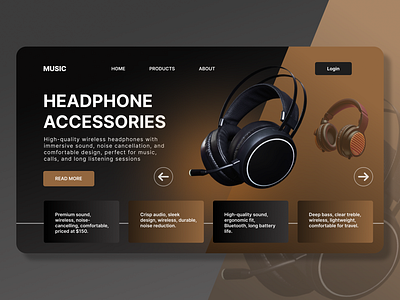 Headphone website landing page design dark mode e commerce design interaction design product design prototyping typography uiux design web design