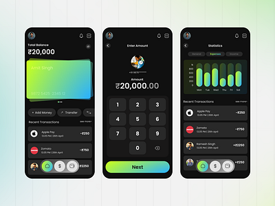 Banking App UI app app design asthetic banking dark mode design finance moble app modern neon ui user interface