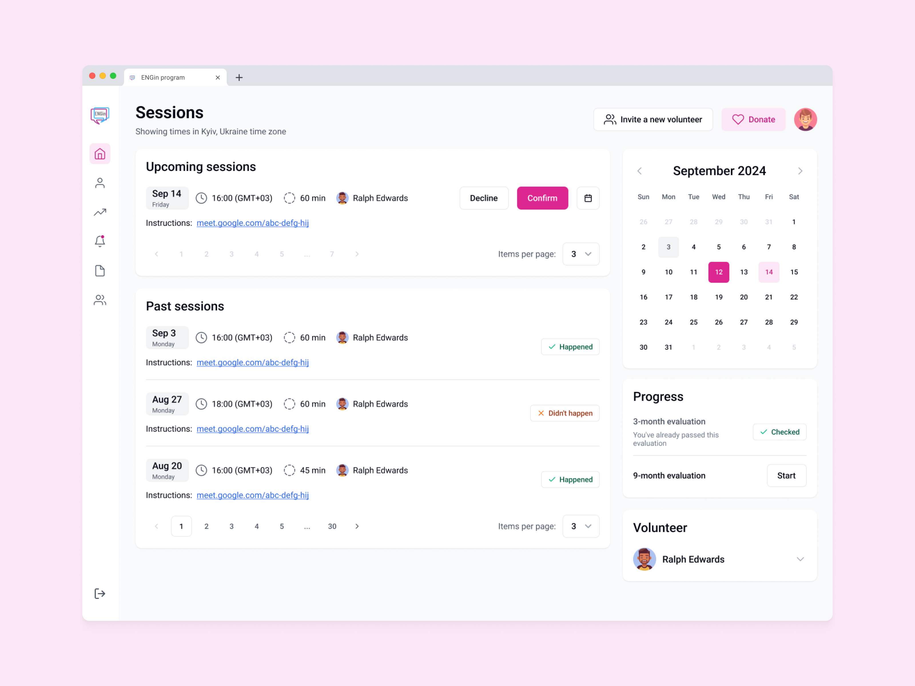 Redesigning the ENGin Sessions page calendar education engin learn english learning platform ngo redesign session ui ui design uiux ux uxui web website