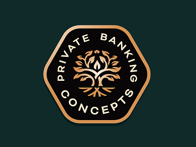 Private Banking Concepts Badge Logo badge bank branding circular farm gold graphic design grow hexagon identity illustration lettering logo logo design roots round tree trees wealth