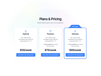 Plans and pricing for mental health saas blue clean component landing page pricing pricing table ui