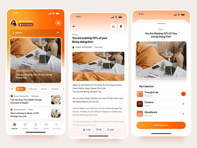 Blog - Mobile Application article blog blog uiux bookmark clean copywriting e book magazine medium news news app orange post read read article reading trending ux blog ux news writer