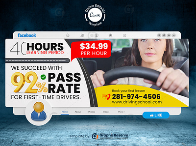 Canva Editable Driving School Facebook Cover canva templae