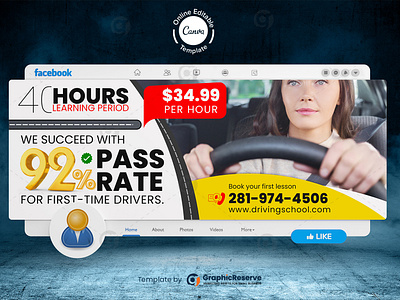 Canva Editable Driving School Facebook Cover canva templae