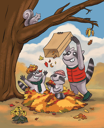 Raccoon Family Playing Autumn Leaves Childrens