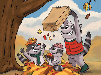 Raccoon Family Playing Autumn Leaves Childrens