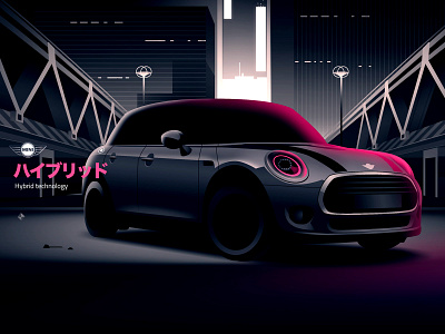 Mini austin car futur illustration mini neon retro