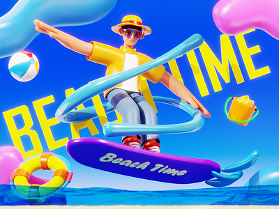 Beach Time - 3D illustration 3d 3d illustration beach blender blender3d blue character cinema4d hero illustration icon illustration nice ocean playful sea sport surfing vibrant water yellow