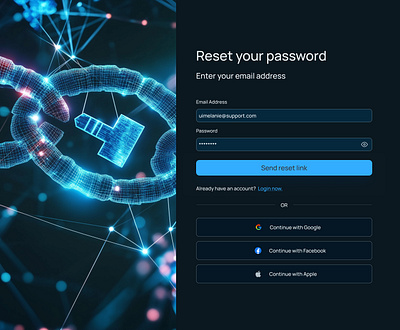 Reset Password Form 🔑 🔵 3d app appdesign bitcoin blue branding crypto dailyui darkmode design ethereum figma form illustration ios logo reset resetpassword ui ux