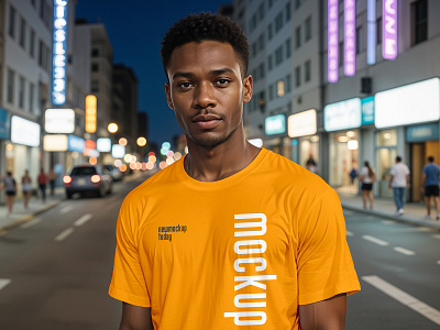 Black Man T-Shirt apparel casual city clothes clothing cotton fabric fashion free free mockup freebie man mockup night short sleeve street tshirt urban wear