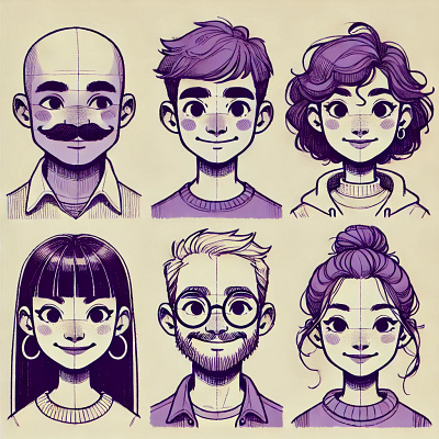 Charming Avatars in Shades of Violet avatardesign cartoonart characterdesign creativeportraits digitaldrawing digitalsketch dribbbledesign graphicdesign handdrawnart illustrationart illustrationlovers inkedillustration lineart minimalistdesign monochromeart portraitillustration procreateart purplevibes sketchstyle vectorart