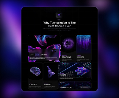 Techlutions Landing page - For a Tech Solutions company animation app design branding clean design cyberpunk dark ui design futuristic graphic design landing page motion graphics tech savvy technology ui user interface ux web design